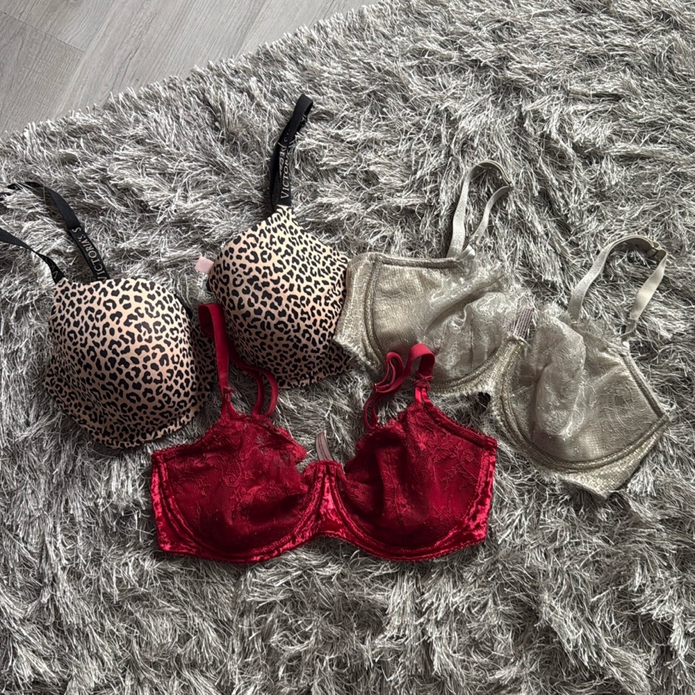 Victoria Secret Dream Angel Elegant Red and Silver Lace leopard Bras Sz 36DD